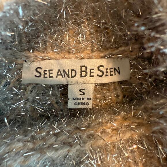 See and Be Seen Women's Silver Metallic and Tan Eyelash Sweater Size S - Picture 4 of 10